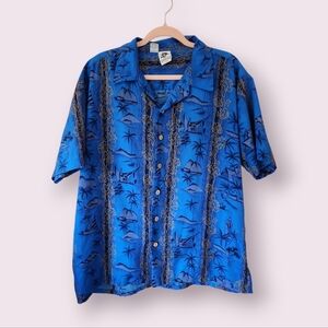 Kennington | Vintage Hawaiian Button Down Shirt Blue Tropical Palm Print Size‎ L